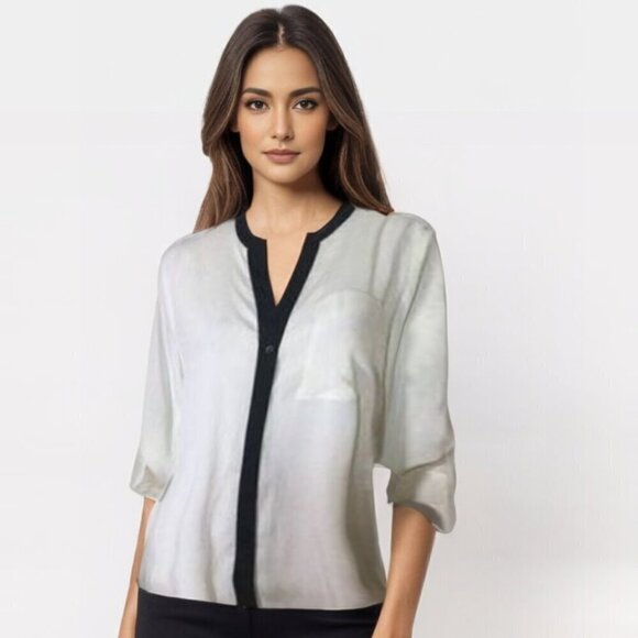 Calvin Klein Tunic Blouse Size S White w black trim Career Preppy - Picture 1 of 7